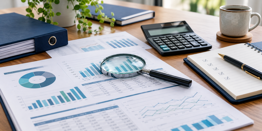 Audit workspace with financial reports, a magnifying glass and a checklist.