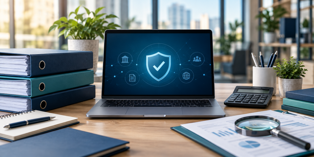 Compliance workspace with secure banking symbols, folders and a calculator.