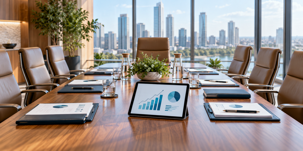 Modern boardroom with report folders and a tablet showing business charts.
