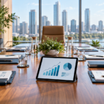 Modern boardroom with report folders and a tablet showing business charts.
