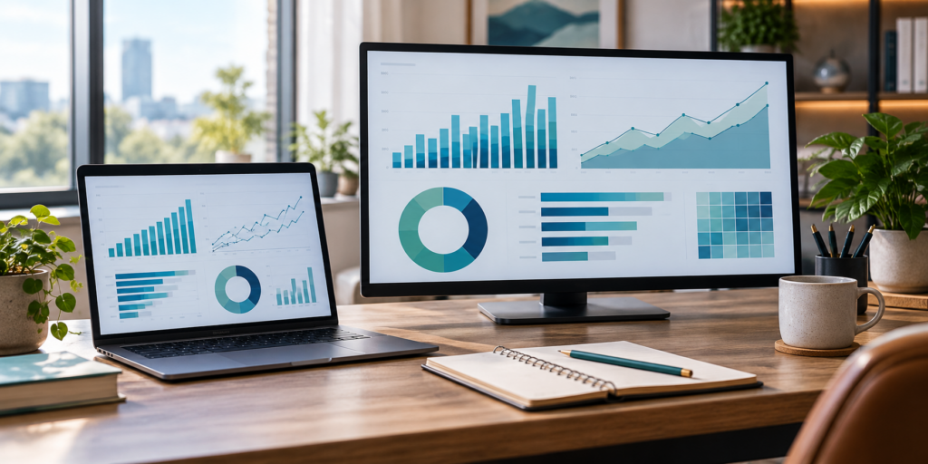 Laptop and monitor displaying financial charts and data dashboards.