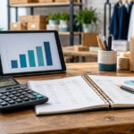 Small business accounting workspace with a calculator, financial notebook, tablet and product boxes.