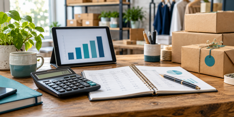 Small business accounting workspace with a calculator, financial notebook, tablet and product boxes.
