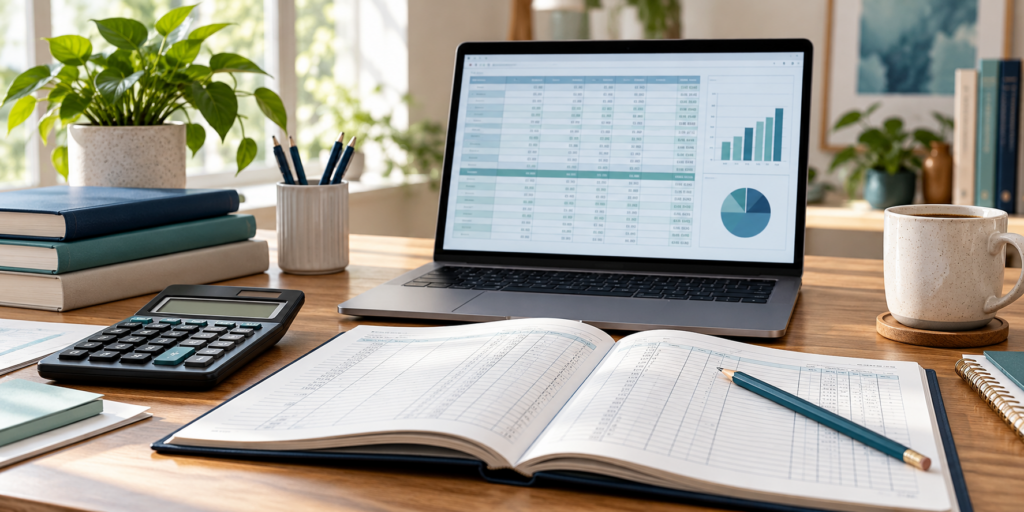 Accounting workspace with a ledger, calculator and spreadsheet on a laptop.