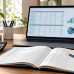Accounting workspace with a ledger, calculator and spreadsheet on a laptop.