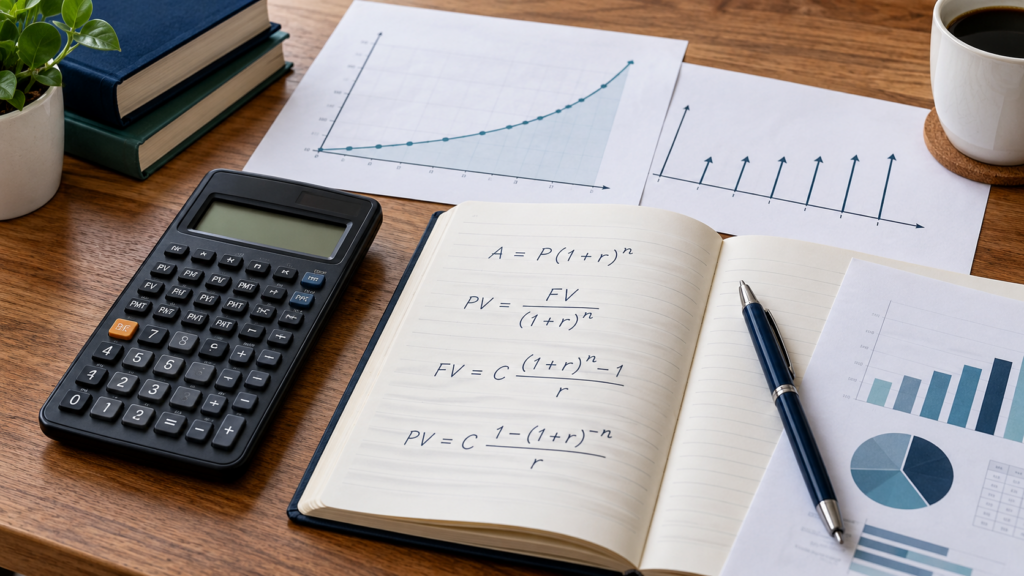 Financial calculator beside compound interest formulas, growth charts, and cash-flow diagrams.