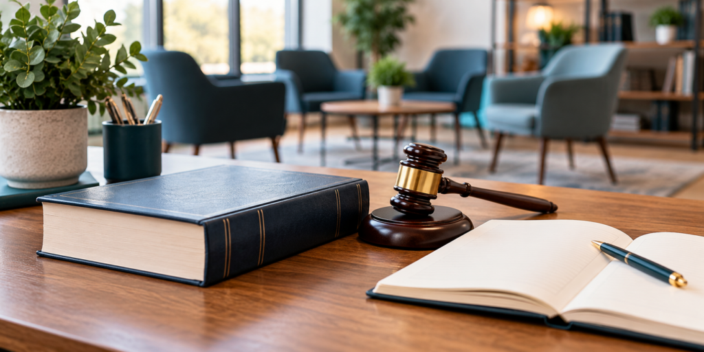 Labour law study desk with a law book, gavel and notebook.