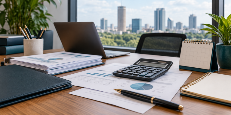 Tax planning desk with a calculator, financial reports and a calendar.